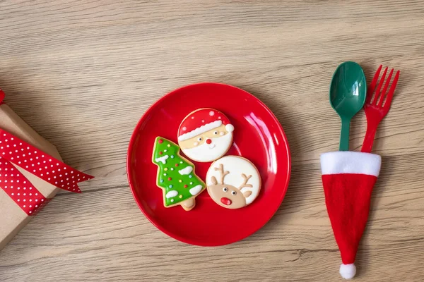 Frohe Weihnachten Mit Hausgemachten Plätzchen Gabel Und Löffel Auf Holztischhintergrund — Stockfoto