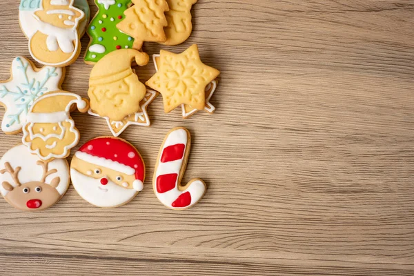 Frohe Weihnachten Mit Hausgemachten Plätzchen Auf Holztischhintergrund Weihnachten Party Urlaub — Stockfoto
