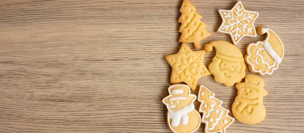 Joyeux Noël Avec Biscuits Faits Maison Sur Fond Table Bois — Photo