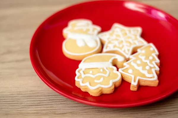 Vrolijk Kerstfeest Met Zelfgemaakte Koekjes Houten Tafel Achtergrond Kerstmis Feest — Stockfoto