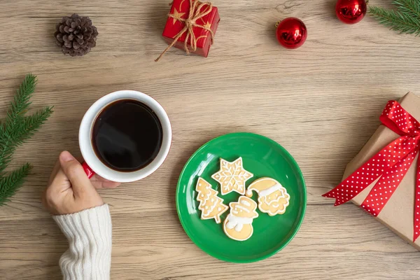 Merry Christmas Woman Hand Holding Coffee Cup Homemade Cookie Table — Stock Photo, Image