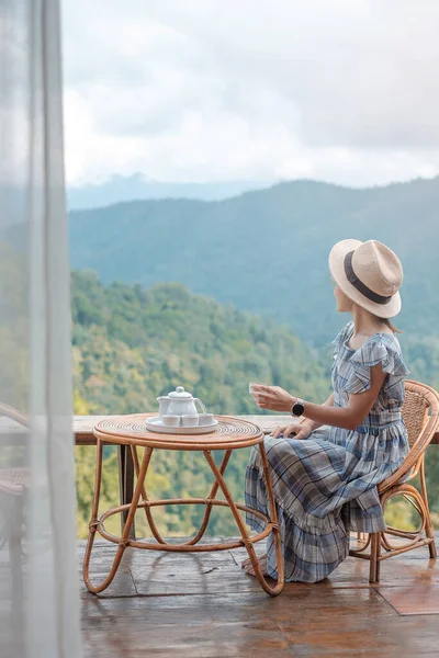 Woman Drinking Tea Looking Mountain View Young Blogger Stay Countryside — Stock Photo, Image