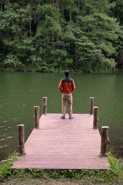 Homem Viajante Feliz Olhando Vista Natureza Turista Solo Suéter Viajando — Fotografia de Stock