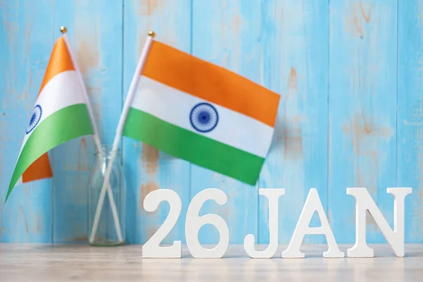 Wooden Text January 26Th Miniature India Flags India Republic Day — Stock fotografie