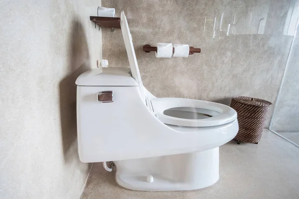 Keramisk Toalettskål Och Toalettpapper Rengöring Livsstil Och Personlig Hygien Koncept — Stockfoto