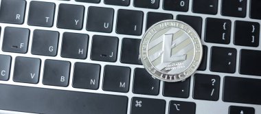 Klavye bilgisayarında gümüş kripto para, Litecoin madeni para. Şifreleme, engelleme ağı içindeki Dijital Paradır