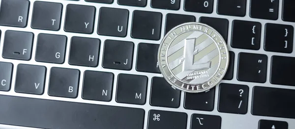 Argento Criptovaluta Sul Computer Portatile Tastiera Moneta Litecoin Crypto Denaro — Foto Stock