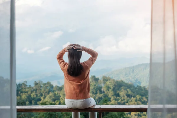 Happy Woman Relaxing Looking Mountain View Countryside Home Homestay Morning — Stockfoto