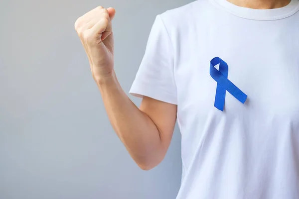 Março Mês Conscientização Câncer Colorretal Fita Azul Escuro Para Apoiar — Fotografia de Stock