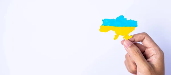 Podpora Ukrajiny Válce Ruskem Ruce Držící Tvar Ukrajiny Hranice Barevnou — Stock fotografie