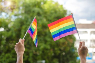 Eller yeşil doğa arka planında LGBTQ Gökkuşağı bayrağı gösteriyor. Lezbiyen, Gey, Biseksüel, Transseksüel ve Eşcinsel Topluluğuna ve Gurur Ayı kavramına destek
