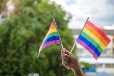 Eller yeşil doğa arka planında LGBTQ Gökkuşağı bayrağı gösteriyor. Lezbiyen, Gey, Biseksüel, Transseksüel ve Eşcinsel Topluluğuna ve Gurur Ayı kavramına destek