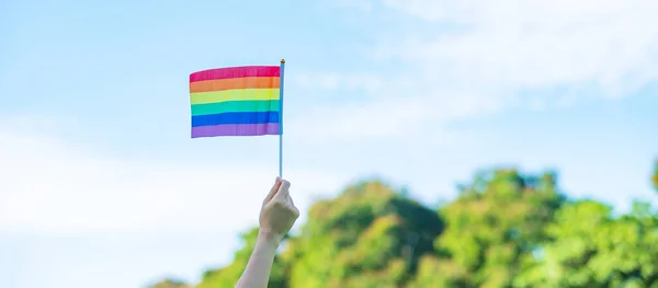 Hands Showing Lgbtq Rainbow Flag Nature Background Support Lesbian Gay — Stock Photo, Image