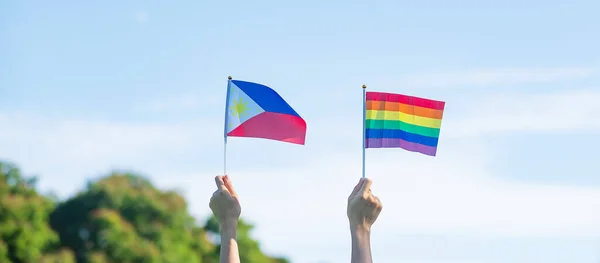 Hands Showing Lgbtq Rainbow Philippines Flag Nature Background Support Lesbian — Stock Photo, Image