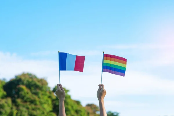 Hands Showing Lgbtq Rainbow France Flag Nature Background Support Lesbian — Foto de Stock