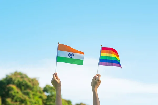 Hands Showing Lgbtq Rainbow India Flag Nature Background Support Lesbian — Stock fotografie
