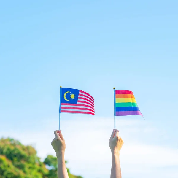 Hands Showing Lgbtq Rainbow Malaysia Flag Nature Background Support Lesbian — Stock Photo, Image