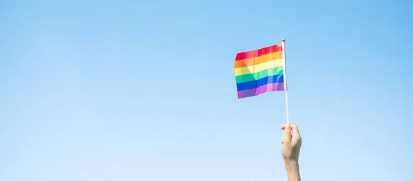 Hands Showing Lgbtq Rainbow Flag Nature Background Support Lesbian Gay — стоковое фото
