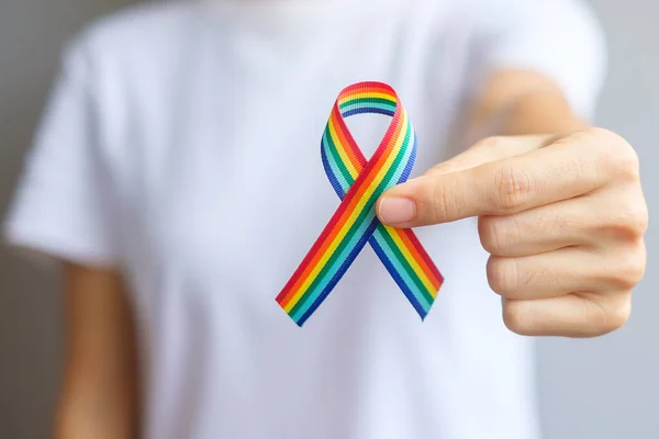 Lgbtq Rainbow Ribbon Support Lesbian Gay Bisexual Transgenual Queer Community — стокове фото