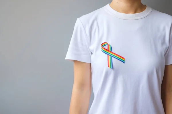 Lgbtq Rainbow Ribbon Support Lesbian Gay Bisexual Transgender Queer Community — стоковое фото