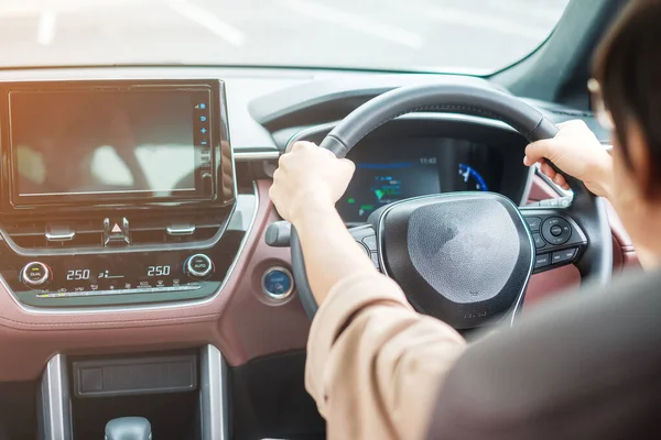 Woman Driver Driving Car Road Hand Controlling Steering Wheel Electric — 图库照片