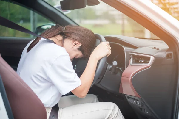 Woman Feeling Stress Angry Drive Car Long Time Asian Girl — Zdjęcie stockowe