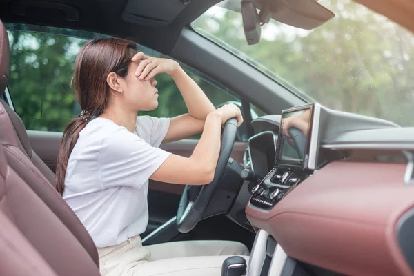 Woman Feeling Stress Angry Drive Car Long Time Asian Girl — Zdjęcie stockowe