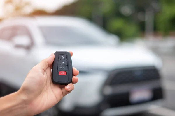 Hand Holding Car Remote Control Smart Key Lock Unlock Doors — Stock Photo, Image