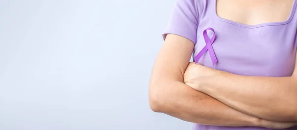 Purple Ribbon Violence Pancreatic Esophageal Testicular Cancer Alzheimer Epilepsy Lupus — Foto de Stock