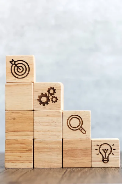 Wood Block Stack Building Business Goal Strategy Target Mission Action — Stockfoto