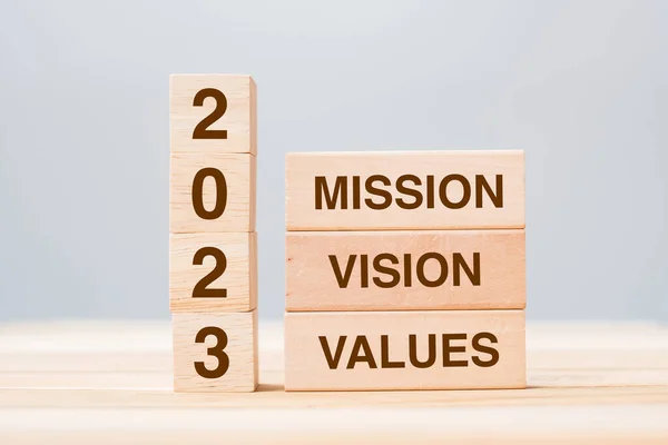 Wooden Block Text 2023 Mission Vision Value Table Background Resolution — Foto de Stock
