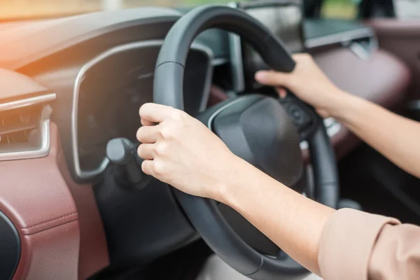 Woman Driver Driving Car Road Hand Controlling Steering Wheel Electric — Zdjęcie stockowe