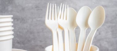 Masa arkasında çevre dostu yiyecek ambalajı. Doğal kap: kap, tabak, kaşık ve çatal. sıfır atık, kirlilik, toprak günü, ücretsiz plastik, dünya çevre günü konsepti