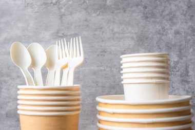 Masa arkasında çevre dostu yiyecek ambalajı. Doğal kap: kap, tabak, kaşık ve çatal. sıfır atık, kirlilik, toprak günü, ücretsiz plastik, dünya çevre günü konsepti