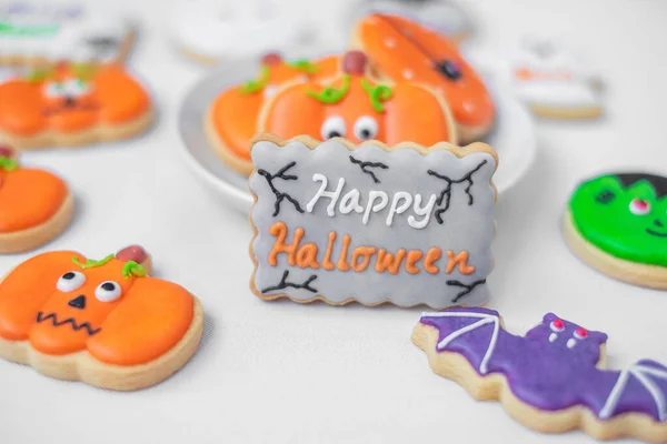 Feliz Halloween Con Galletas Divertidas Calabaza Fantasma Aterrador Momia Espeluznante —  Fotos de Stock