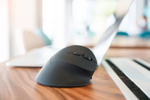 ergonomic mouse on desk at workplace, prevention wrist pain because working long time. De Quervain s tenosynovitis, Intersection Symptom, Carpal Tunnel Syndrome or Office syndrome concept