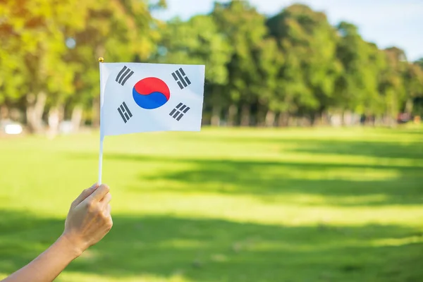 Kéz Tartja Korea Zászló Természet Hátterében National Foundation Gaecheonjeol Munkaszüneti — Stock Fotó