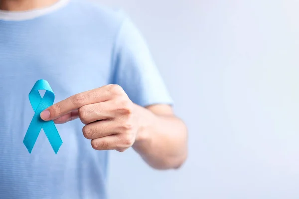 Blue November Prostate Cancer Awareness Month Man Blue Shirt Hand — Stockfoto