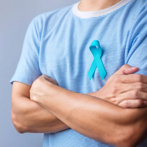 Blue November Prostate Cancer Awareness Month Man Blue Shirt Hand — Fotografia de Stock