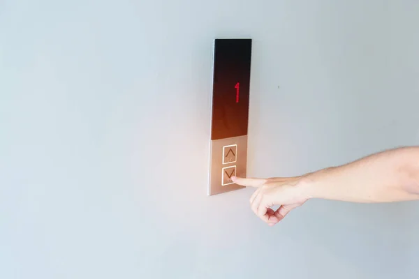 Hand Finger Press Elevator Button Woman Waiting Elevator Office Apartment — Stock Photo, Image