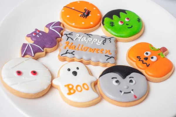 Feliz Halloween Com Biscoitos Engraçados Abóbora Fantasma Assustador Múmia Assustadora — Fotografia de Stock