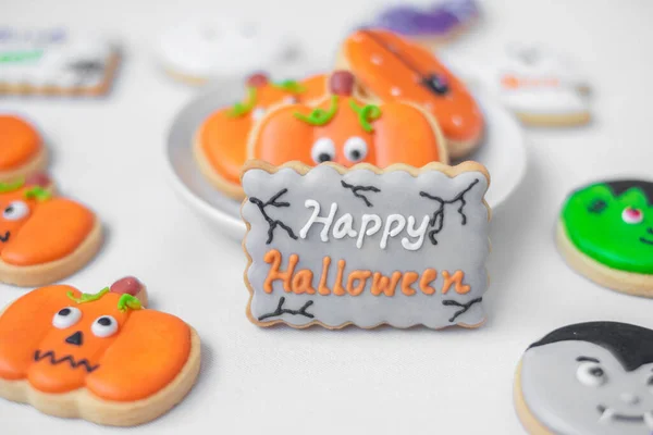 Wesołego Halloween Zabawnymi Ciasteczkami Dynia Straszny Duch Upiorna Mumia Nietoperz — Zdjęcie stockowe