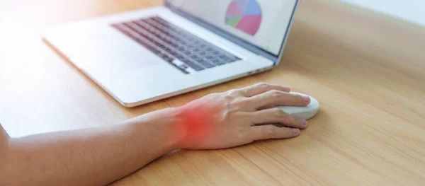 Woman having wrist pain when using mouse during working long time on workplace. De Quervain s tenosynovitis, Intersection Symptom, Carpal Tunnel Syndrome or Office syndrome concept