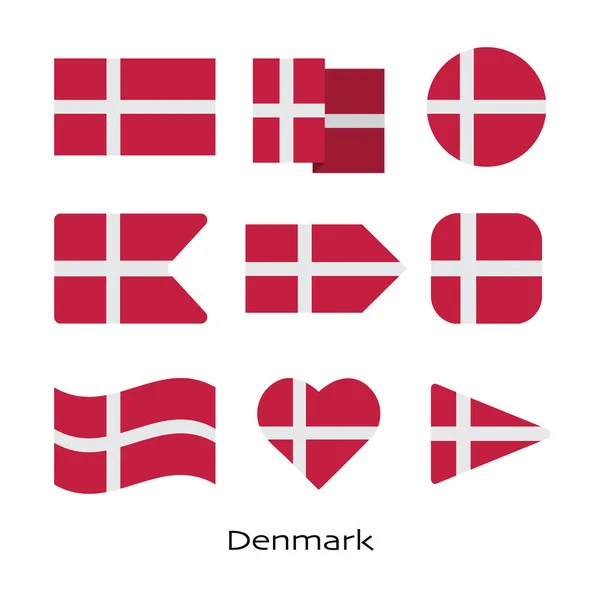 Denemarken Vlag Pictogram Ingesteld Geïsoleerd Witte Achtergrond Vector Illustratie — Stockvector