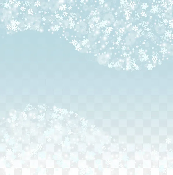 Christmas Vector Background with Falling Snowflakes Isolated on Transparent Background. Realistic Snow Sparkle Pattern. Snowfall Overlay Print. Winter Sky. Realistic Snow. Happy Christmas, New Year. — Stock Vector