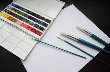 Birçok araç gereç sanatçılar fırçalar suluboya kutu boyaları beyaz izole arka plan