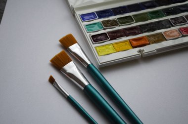 Birçok araç gereç sanatçılar fırçalar suluboya kutu boyaları beyaz izole arka plan