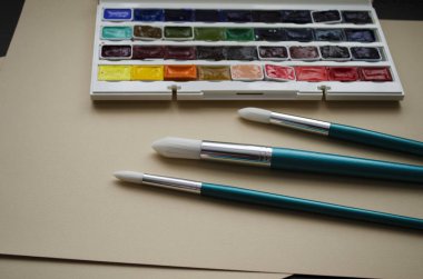 Birçok araç gereç sanatçılar fırçalar suluboya kutu boyaları beyaz izole arka plan