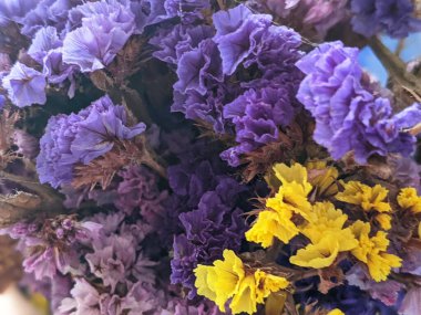 Limonyum sinuatum (çentikli yaprak bataklık biberiyesi, deniz lavantası, deniz pembesi, statik deniz lavantası) rengarenk buketi ve hasır şapka. Yaz estetik bileşimi.