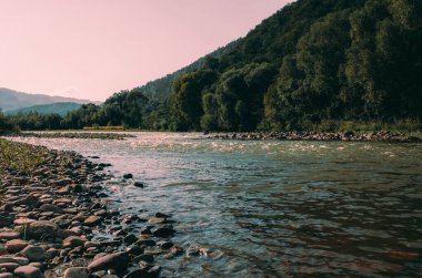 Gün batımında nehrin üzerinde güzel bulutlu bir gökyüzü. Nehrin yüksek kıyısı otlarla kaplıdır. Nehrin karşı kıyısı alçak ve üzerinde bir orman yetişiyor..